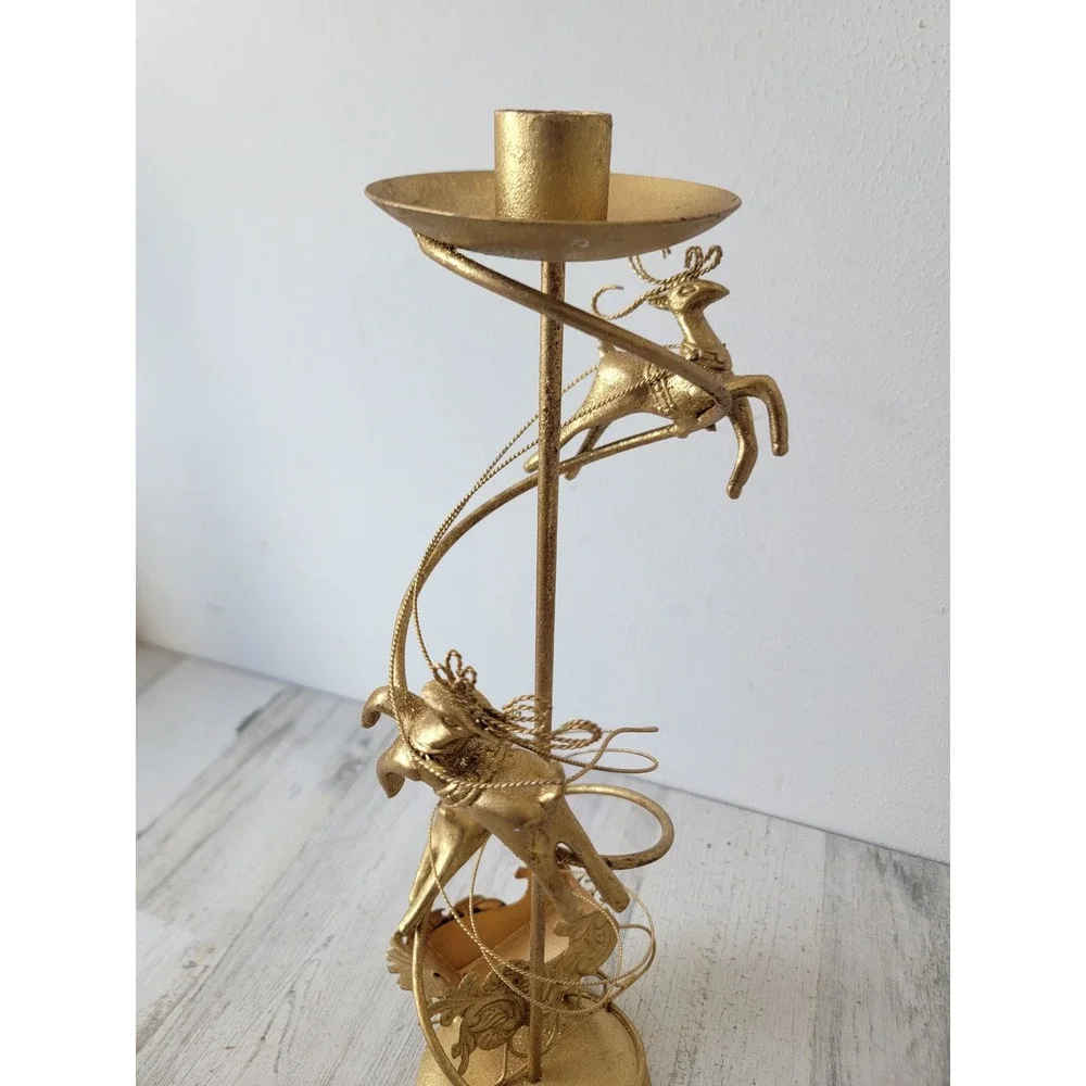 Dept 56 gold medal candlestick holder reindeer‎ Santa Claus Xmas home decor